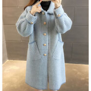 JPUZ2025秋冬季針織開(kāi)衫女裝毛衣中長(cháng)款厚寬松大衣外套毛呢格子大碼 藍色 S