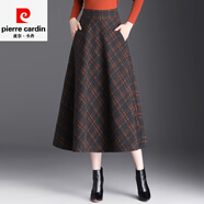 皮爾卡丹毛呢半身裙女士秋冬季2025新款大擺傘裙高腰顯瘦中長款格子a字裙 紅格毛呢秋冬款 拉鏈腰裙長80厘米 M