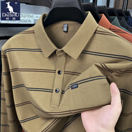 袋鼠（DAISHU）春季薄款長(cháng)袖T恤男中年經(jīng)典條紋真口袋休閑POLO衫寬松上衣男潮 BA6612杏黃 L