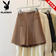 花花公子（PLAYBOY）大碼配靴子毛呢短褲女2025新款冬季外穿胖mm高腰遮肉a字闊腿褲子 咖色   2XL 建議136-154斤