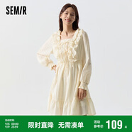 森馬連衣裙女荷葉邊蝴蝶結氛圍感優(yōu)雅方領(lǐng)裙子109124114003