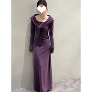 SZEL甜美假兩件披肩領(lǐng)口長(cháng)袖連衣裙女設計感修身顯瘦收腰包臀長(cháng)裙子 奶紫色連衣裙 L