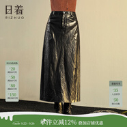 日著（rizhuo）原創(chuàng)設(shè)計(jì)女裝2025秋季新款 小眾別致顯瘦黑色高腰A字半身皮裙 隱黑 L