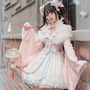 唐努烏漢服女新年戰袍洛麗塔Lolita連衣裙中華風(fēng)可愛(ài)長(cháng)袖 粉色套裝 M 【80-100斤】