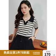 獨束大碼女裝清涼感針織條紋短袖T恤女夏季新款微胖mm氣質(zhì)翻領(lǐng)上衣 黑白條紋 M