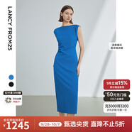 朗姿法式一字肩收腰抽褶設(shè)計感氣質(zhì)長裙夏裝新款女禮服連衣裙 艦隊藍色 L