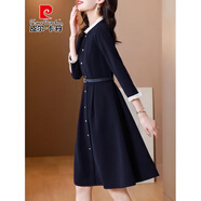 皮爾卡丹（pierre cardin）法式氣質(zhì)感長(cháng)袖連衣裙女春秋季大碼收腰遮肚顯瘦高端歐貨裙子 藍 M 【90-100斤】