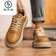 啄木鳥(niǎo)男鞋2025春秋爆款復古工裝板鞋英倫風(fēng)男款百搭厚底增高皮面休閑鞋 卡其色 40