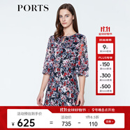 PORTS寶姿  春夏新品女裝優(yōu)雅印花系帶連衣裙A字裙LN8D134HPP027 黑色印花 XS (2)