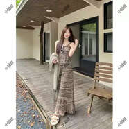 大碼微胖設計感連衣裙女秋季條紋流蘇背心裙胖MM遮肚顯瘦裙子套裝 吊帶連衣裙 M M建議90100斤