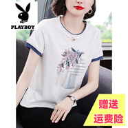 花花公子品牌白色短袖女寬松夏裝純棉半袖t恤40歲中年婦女大碼媽媽裝上衣 白色 M 【建議100斤內】