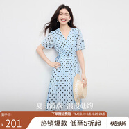 熙世界（sllsky）法式復(fù)古波點(diǎn)連衣裙夏季2025新款短袖收腰V領(lǐng)茶歇長裙子 藍(lán)底黑點(diǎn) L