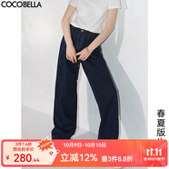 COCOBELLA設(shè)計(jì)感腰帶直筒牛仔褲寬松休閑高腰打褶闊腿褲DN626-2 深牛仔藍(lán) XL