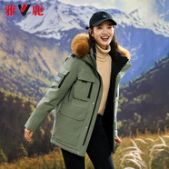 雅鹿短款工裝羽絨服女冬季2025新款時(shí)尚派克服大毛領(lǐng)保暖外套女