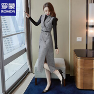 羅蒙（ROMON）西裝領(lǐng)連衣裙千鳥(niǎo)格無(wú)袖背心裙春秋新款毛呢兩件套裙子單件/套裝 千鳥(niǎo)格連衣裙+黑色毛衣 XL 建議親120-133斤