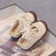 G.duck2025年秋季新款女童皮鞋韓版兒童蝴蝶結蕾絲珍珠花邊女孩公主鞋子 米白色 23