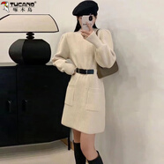 啄木鳥(niǎo)羊毛針織連衣裙女加大碼胖mm300斤中長(cháng)款加厚毛衣裙秋冬新款寬松 白色【腰帶】 8XL 建議230-250斤