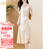NOSSKISS奢侈高檔品牌短袖連衣裙女2025年夏季新款收腰氣質(zhì)顯瘦高級雪紡裙 杏色 XL 【建議115-125斤】