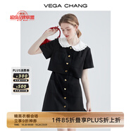 VEGA CHANG假兩件黑色裙子女夏娃娃領(lǐng)法式收腰顯瘦氣質(zhì)連衣裙 黑色 S