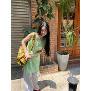 映棠日了個(gè)韓｜寬松顯瘦慵懶風(fēng)簡(jiǎn)約拼接棉麻中長(cháng)款U領(lǐng)無(wú)袖背心連衣裙 綠色 均碼