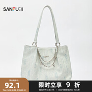 三福挎包女新款包包休閑通勤女包多巴胺大容量單肩包托特包458518 藍(lán)色牛仔鍍層 大