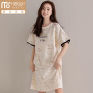 莫代爾夏季薄款睡裙女短袖純棉睡衣女生寬松中長(cháng)款連衣裙卡通休閑家居服 X1506米白線(xiàn)條 L 衣長(cháng)94適合100-120斤
