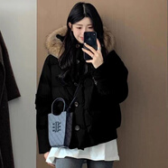 短款羽絨服女2025冬季新款韓版寬松加厚大毛領(lǐng)小個(gè)子外套 黑色 L