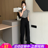 歐貝汐高腰闊腿背帶褲套裝女2023夏季新款時尚條紋無袖T恤套裝裙 黑色背帶褲 S