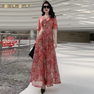 夏典素訂女王（SE.PSTP）度假風(fēng)連衣裙夏季新款減齡媽媽裝修身顯瘦遮肚碎花裙高彈力大擺裙 花朵連衣裙  紅色 3XL 建議125-135斤