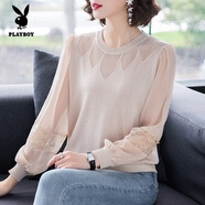 花花公子（PLAYBOY）蕾絲針織衫女2025春秋媽媽薄款洋氣減齡外穿寬松遮肚網(wǎng)紗長(zhǎng)袖打底 杏色 M