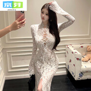 京芽欲風(fēng)秋季新款性感名媛蕾絲禮服裙深V領(lǐng) 鏤空綁帶高腰開(kāi)叉連衣裙 白色 L