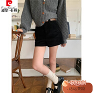皮爾卡丹（pierre cardin）大碼咖色燈芯絨短褲女秋冬加厚復(fù)古棕靴褲 黑色 L