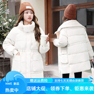 暖冬鴨鴨羽絨棉服中長(cháng)款女士個(gè)性漂亮百搭冬季新款韓版羊羔毛翻領(lǐng)寬松外套 米白色 M  建議95-120斤
