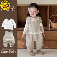 G.DUCKKIDS小黃鴨2025春秋韓版嬰幼兒套裝甜美鏤空花邊打底衫背帶褲童裝 兩件套 80 （身高73-80）