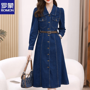 羅蒙長(cháng)袖牛仔襯衫連衣裙女秋裝2025年早秋季新款女裝復古連身裙子 2186-【送棕色腰帶】- S 【80-95斤】