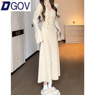 DGOV法式氣質(zhì)收腰垂墜感御姐顯身材長(cháng)袖v領(lǐng)開(kāi)叉連衣裙子女秋季冬新款 杏色  長(cháng)裙 S 【90斤以下】
