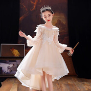 小咔衣濃女童生日晚禮服高端兒童主持人公主裙女孩花童婚禮鋼琴演出服秋季 香檳色長(cháng)袖前短后長(cháng) 130