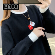 WNBR卡通針織衫女2024秋冬新款百搭加絨加厚寬松圓領(lǐng)保暖打底衫毛衣 黑色 [可愛(ài)豬] M [105斤以下]