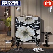 伊欣登新款輕奢法式奶油入戶鞋柜客廳進(jìn)門收納立柜陽(yáng)臺(tái)玄關(guān)靠墻儲(chǔ)物柜子 黑白花卉 長(zhǎng)90*高110*厚40  黑色