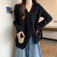 馨悠潔新中式義烏打底衫女秋冬國風(fēng)毛衣開(kāi)衫遮屁股搭配褲上衣 黑色【打底衫女2024新款/早秋chi M