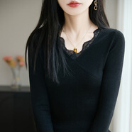 香影芬新款針織衫女修身顯瘦蕾絲v領(lǐng)毛衣女打底衫長袖秋冬新款內(nèi)搭上衣 黑色 M (建議95-105斤)