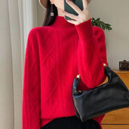 皮爾卡丹（pierrecardin）鄂爾多斯市產(chǎn)羊毛衫女半高領(lǐng)毛衣秋冬寬松針織扭花大碼羊毛衫上衣 中國(guó)紅 L 110-120斤