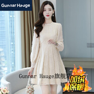 Gunnar Hauge冬裝連衣裙加厚矮個(gè)子小個(gè)子打底裙短款秋冬款連體裙加絨蕾絲女 加絨杏色 S _建議80-94斤