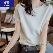 羅蒙（ROMON）女裝針織T恤短袖 2025夏季新款純色冰絲蝙蝠衫英倫風(fēng)薄款套頭上衣 【牙白色】 2XL 125-135斤