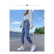 AEMAPE哈倫牛仔褲女秋裝2025年新款高腰顯瘦小個(gè)子八分蘿卜老爹褲子春秋 復(fù)古藍(lán)八分 L
