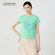 哥弟（GIRDEAR）女裝2025新款綻放系列玫瑰花圖案純棉薄款短袖T恤女1300996 一見傾心-薄荷綠 S (2碼)