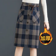 皮爾卡丹（pierre cardin）格子半身裙秋冬款包裙女中長(cháng)款高腰松緊半身裙一步裙MM顯瘦裙 藍格春秋側拉鏈14款 毛呢無(wú)皮帶 M 95-105斤