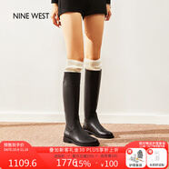 NINE WEST/玖熙長筒靴牛皮圓頭低跟高筒騎士靴女皮靴NG486019CE黑色 35