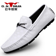 公牛世家（G.N.Shi Jia）豆豆鞋男一腳蹬輕便商務(wù)正裝皮鞋軟底舒適樂福鞋 白色 46