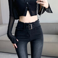 花花公子緊身高腰加絨牛仔褲女秋冬季新款修身彈力顯瘦小腳鉛筆褲子春裝 黑色【優(yōu)質(zhì)版】 常規 XL